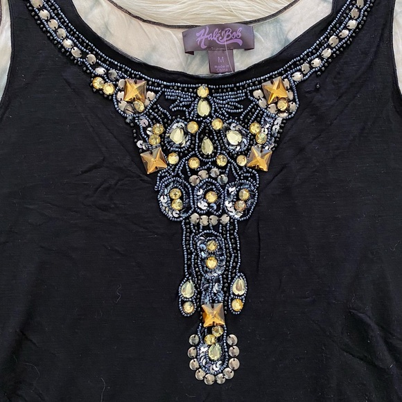 Hale Bob Black Crystal Beaded Embellished Sleeveless Silk Tunic Top Dress - Picture 5 of 12